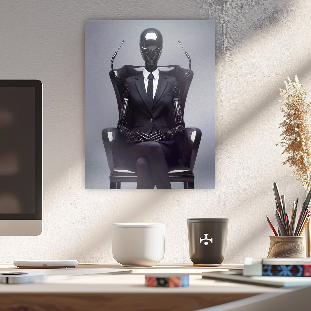Futurismus - Schwarzer Roboter Android posiert auf Sessel