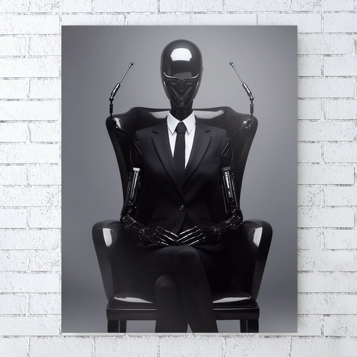 Futurismus - Schwarzer Roboter Android posiert auf Sessel
