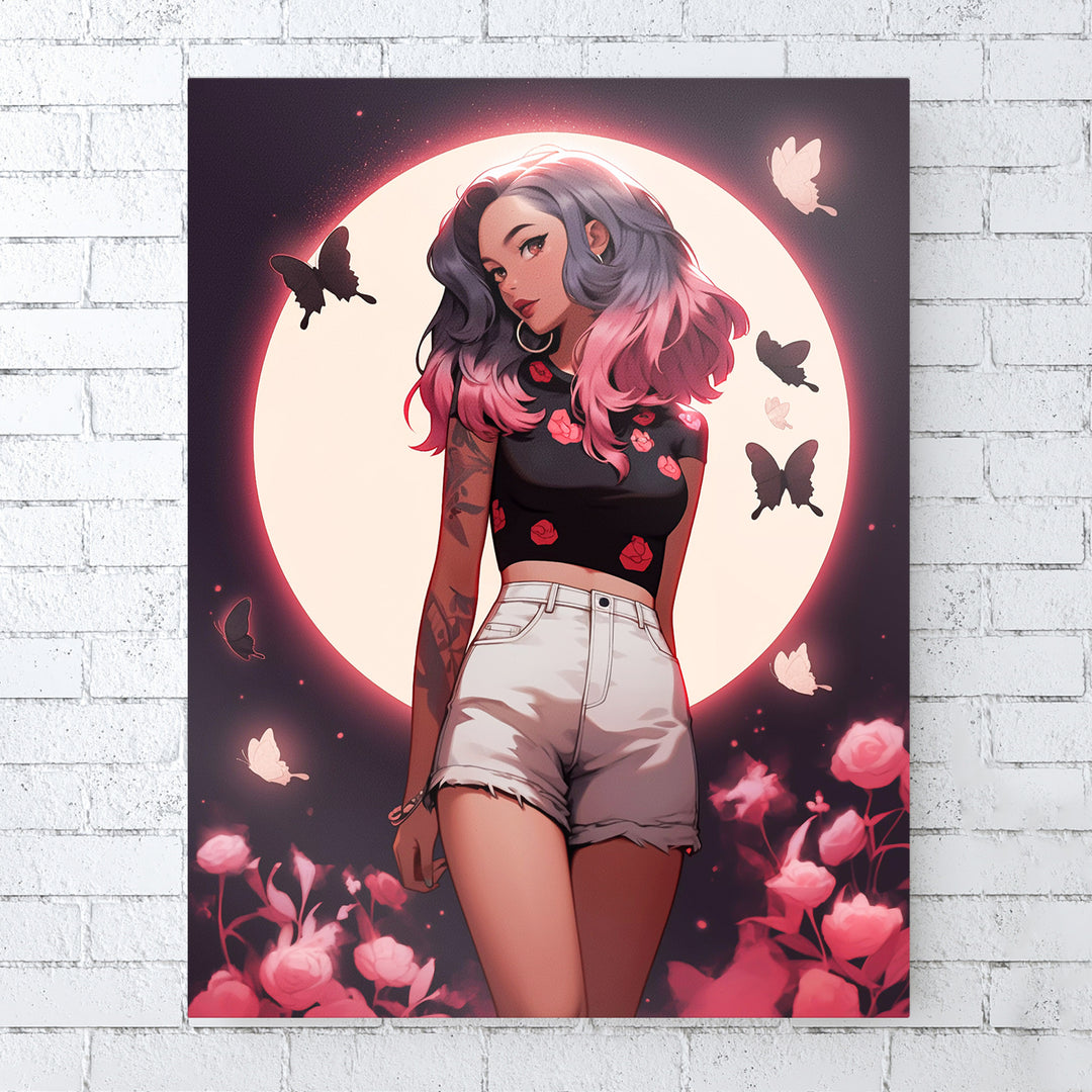 Girl mit Schmetterlinge im Bauch - Zarte Rosa Liebe im Mondschein