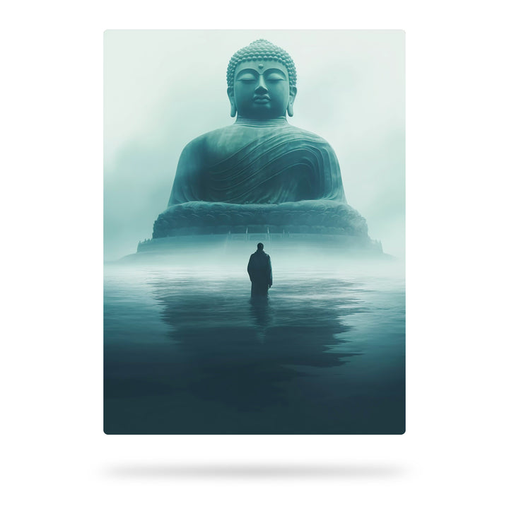 Nebeliger Pfad zur Erleuchtung - Große Buddha-Statue im See