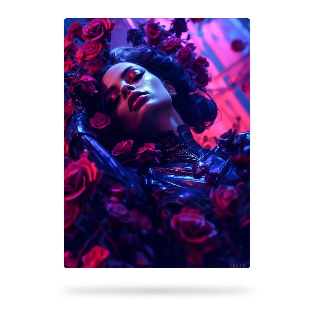 Neon Romantik - Frau umgeben von Rosen