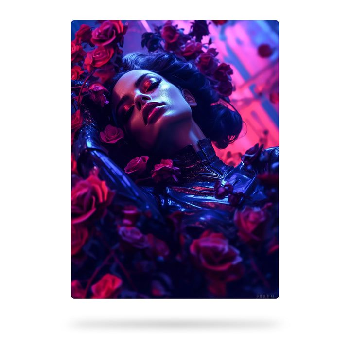Neon Romantik - Frau umgeben von Rosen