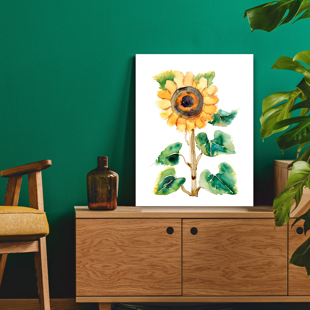 Strahlende Sonnenblume - Ein aufrechtes Aquarell in Gelb und Grün
