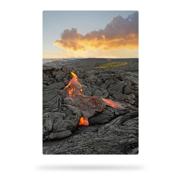 Volcanic area with red glowing lava flow on Hawaii